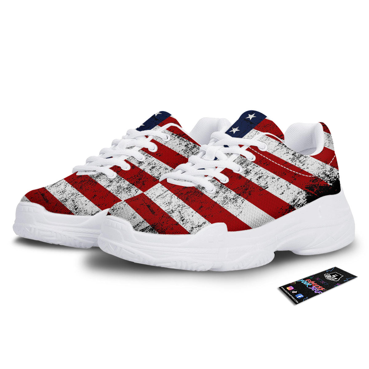 USA Flag Grunge Print White Chunky Shoes-grizzshop