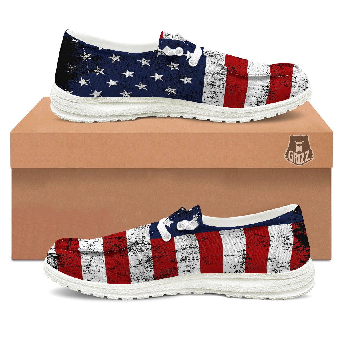 USA Flag Grunge Print White Loafers-grizzshop