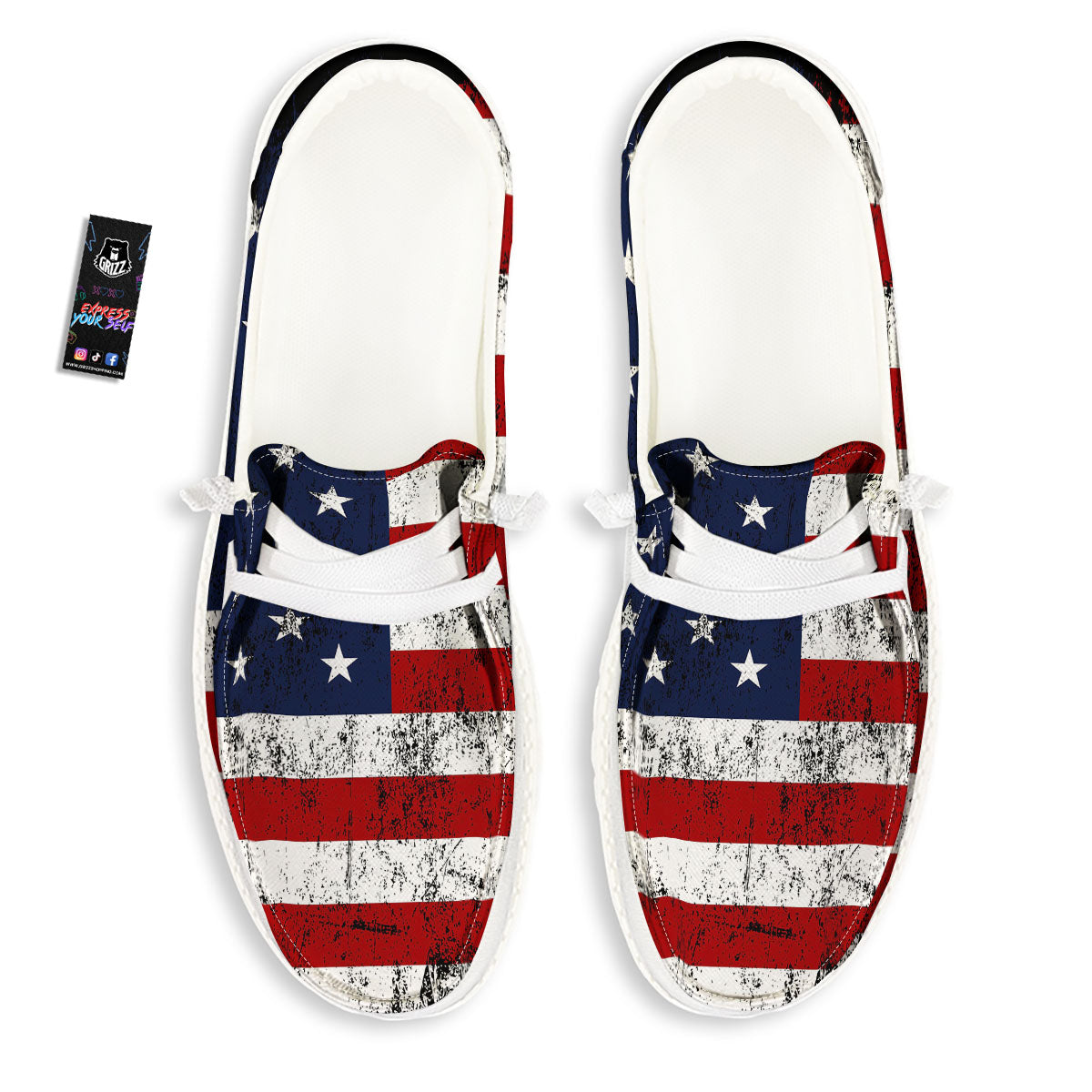 USA Flag Grunge Print White Loafers-grizzshop