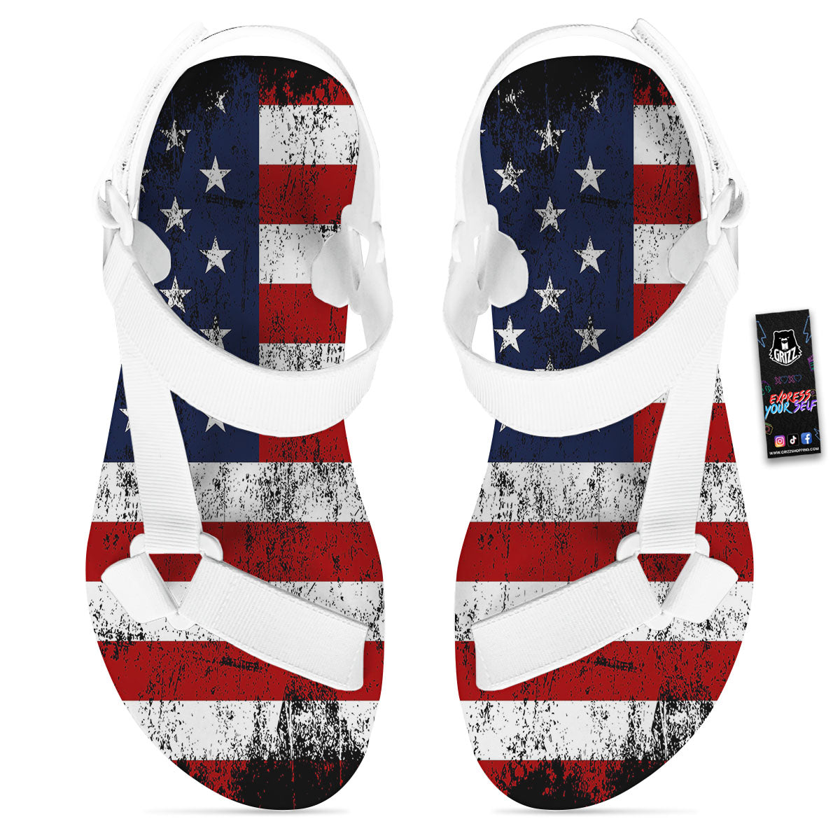 USA Flag Grunge Print White Open Toe Sandals-grizzshop