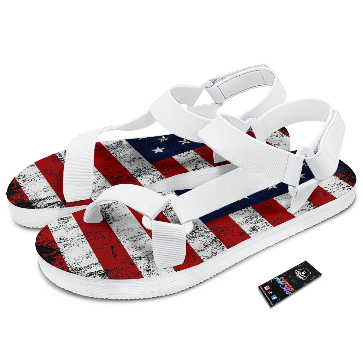 USA Flag Grunge Print White Open Toe Sandals-grizzshop