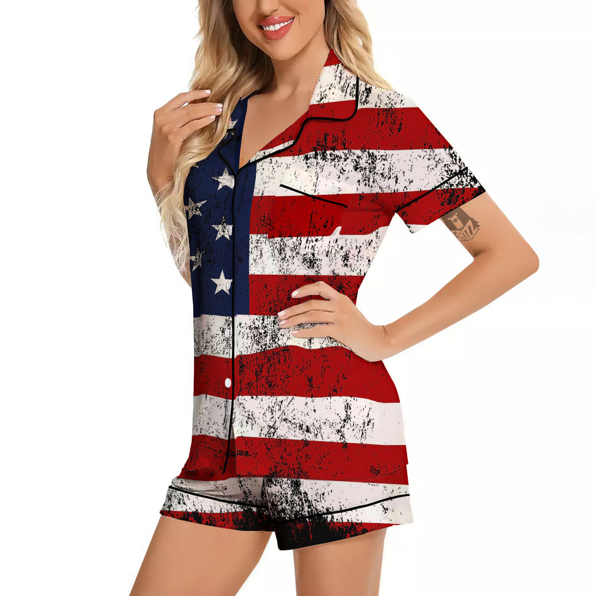 USA Flag Grunge Print Women Silk Pajamas-grizzshop