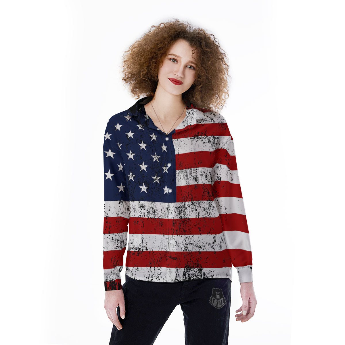 USA Flag Grunge Print Women's Long Sleeve Shirts-grizzshop