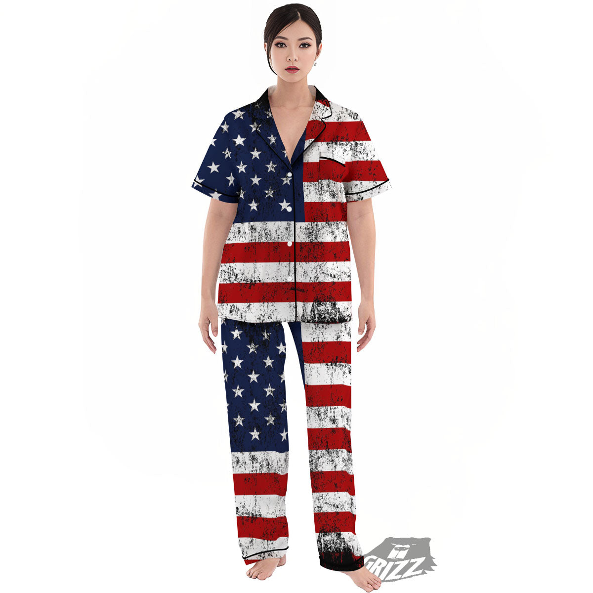 USA Flag Grunge Print Women's Pajamas Set-grizzshop