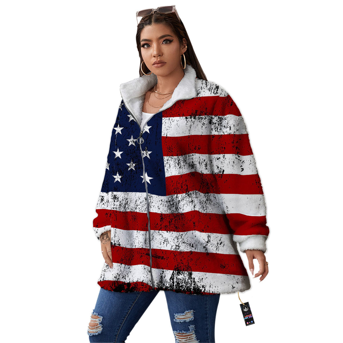 USA Flag Grunge Print Women's Sherpa Jacket-grizzshop