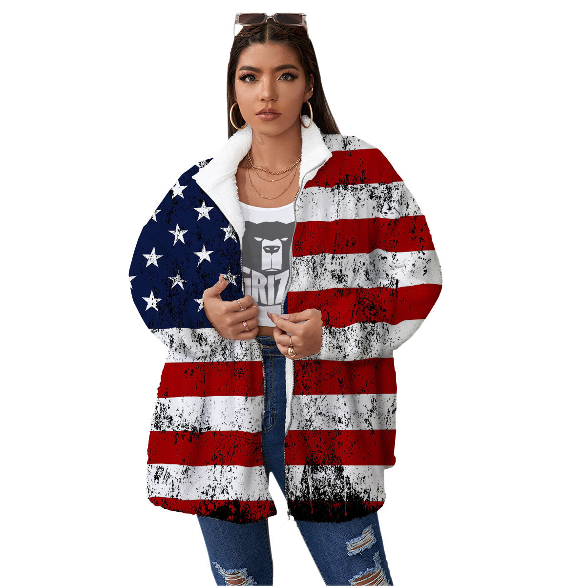 USA Flag Grunge Print Women's Sherpa Jacket-grizzshop