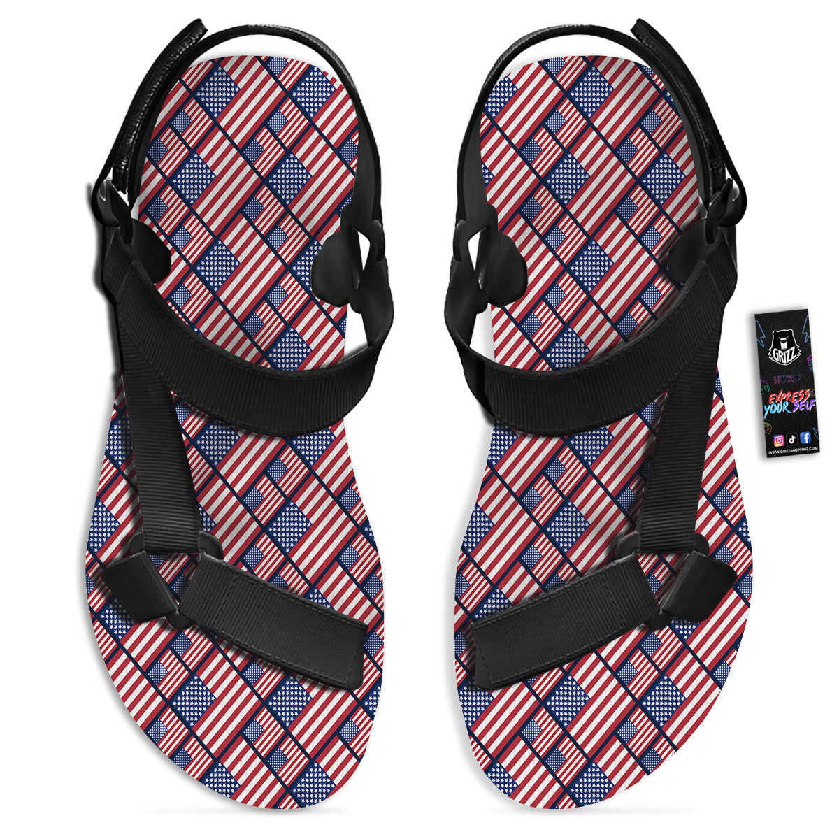 USA Flag Independence Day Print Pattern Black Open Toe Sandals-grizzshop