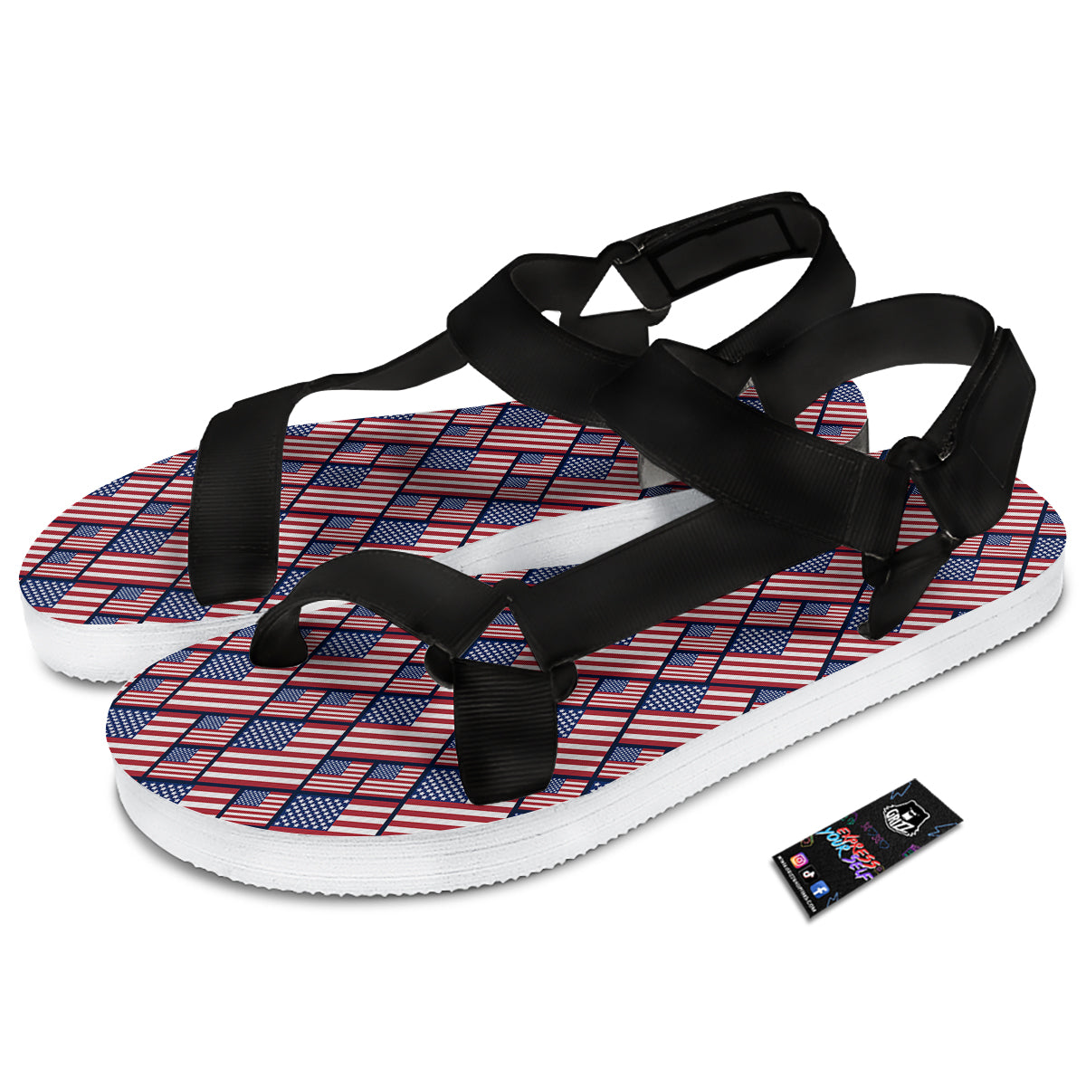 USA Flag Independence Day Print Pattern Black Open Toe Sandals-grizzshop