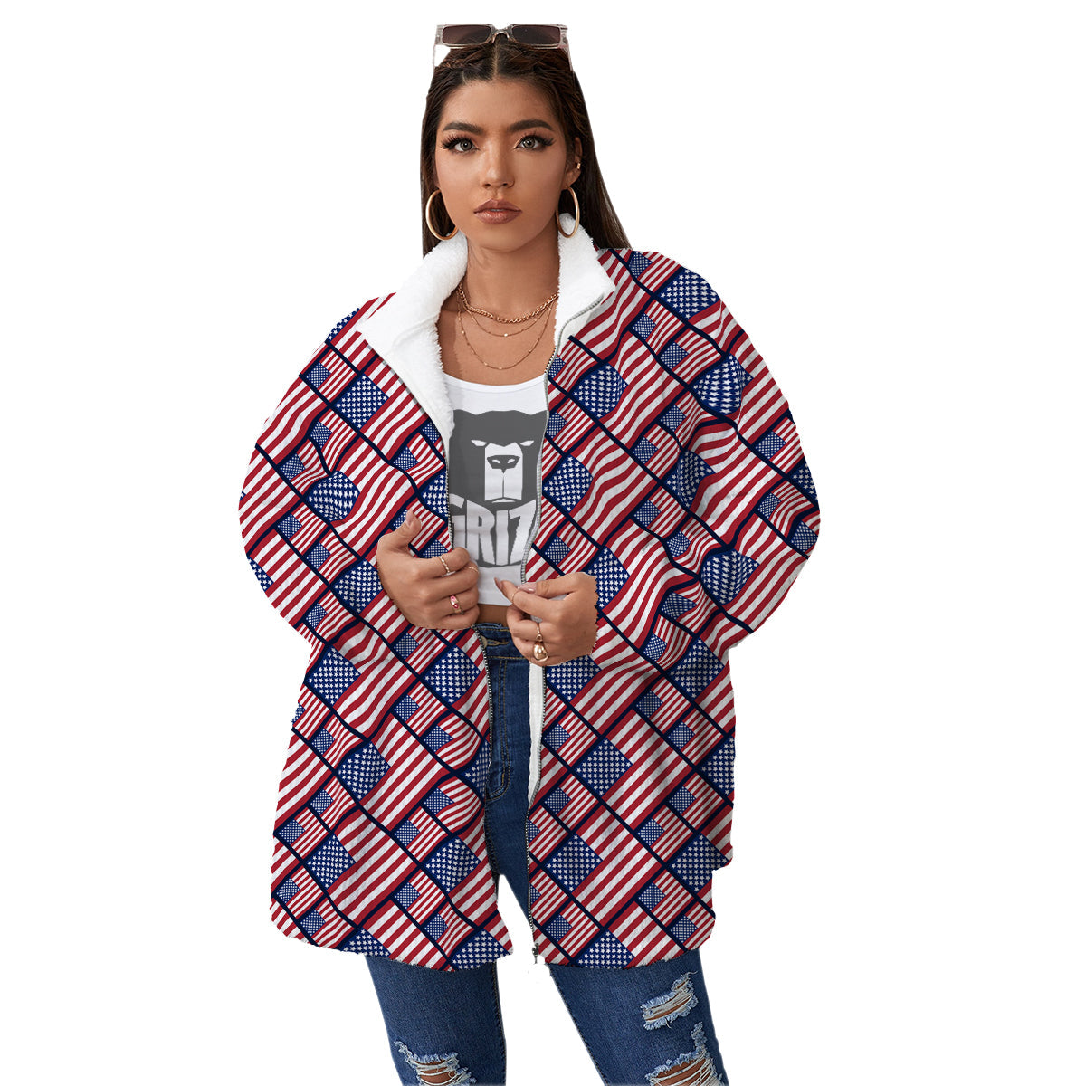 USA Flag Independence Day Print Pattern Women's Sherpa Jacket-grizzshop