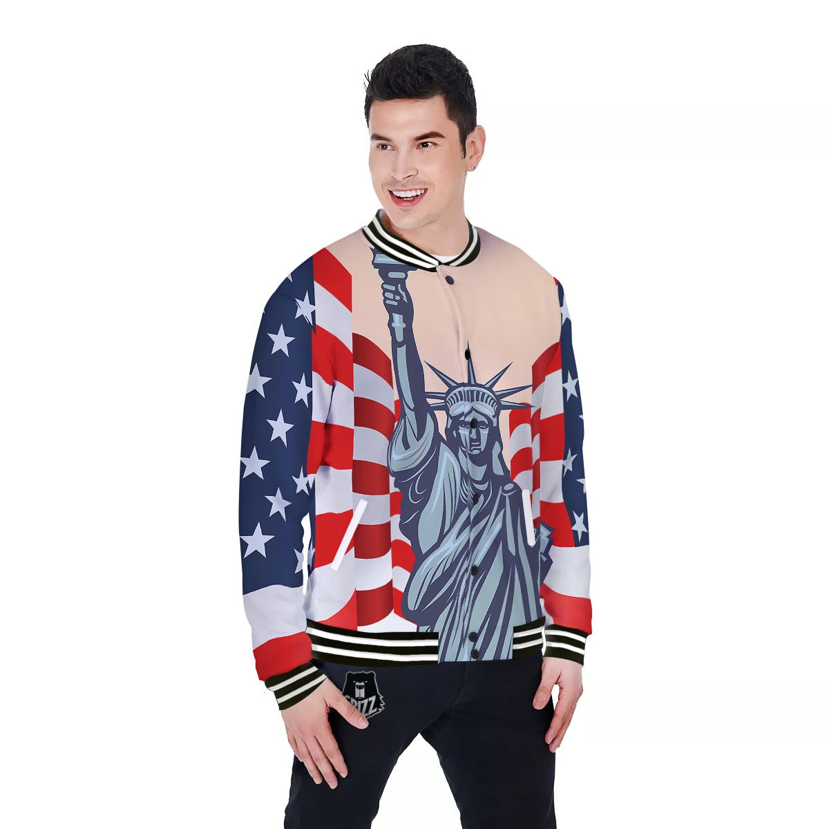 USA Flag Statue of Liberty Print Baseball Jacket-grizzshop