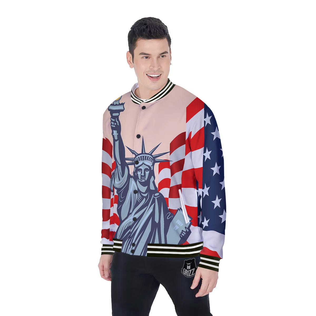 USA Flag Statue of Liberty Print Baseball Jacket-grizzshop