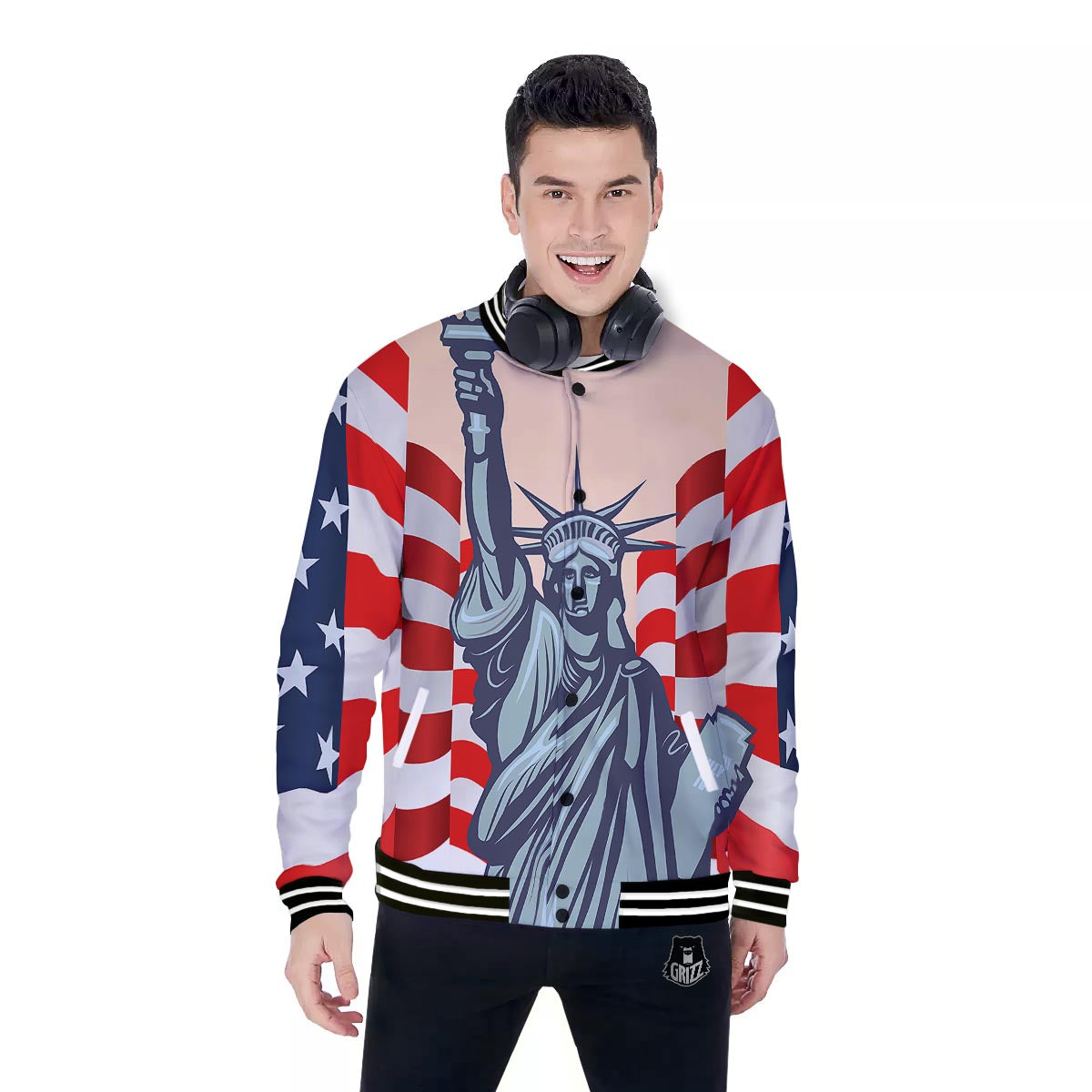 USA Flag Statue of Liberty Print Baseball Jacket-grizzshop