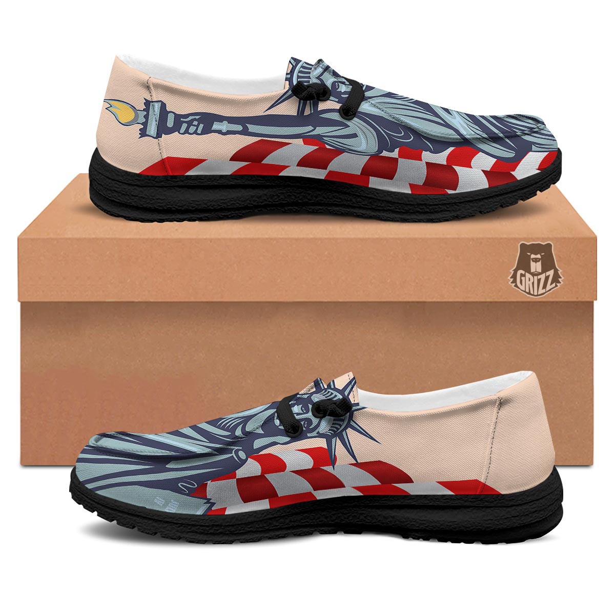 USA Flag Statue of Liberty Print Black Loafers-grizzshop