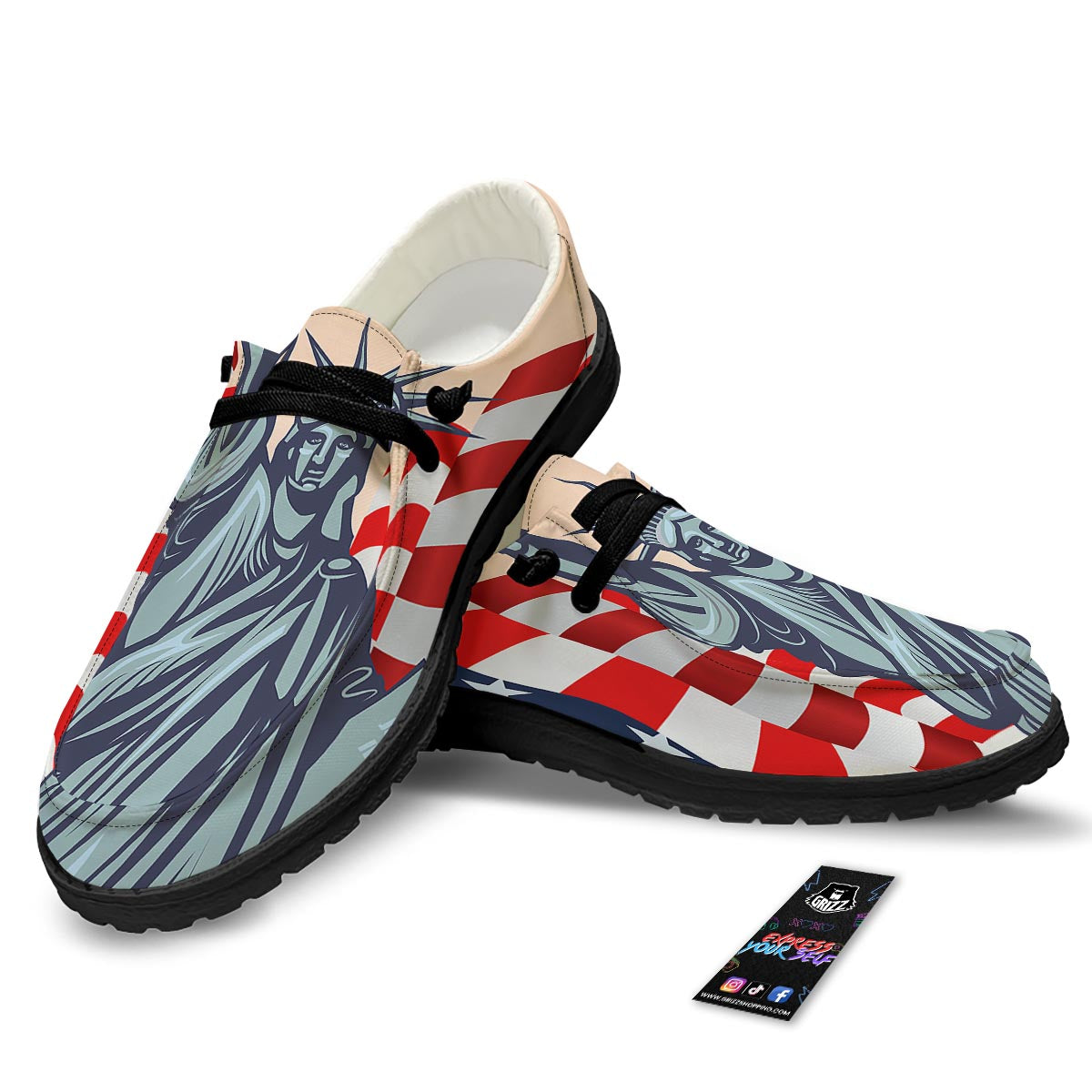 USA Flag Statue of Liberty Print Black Loafers-grizzshop