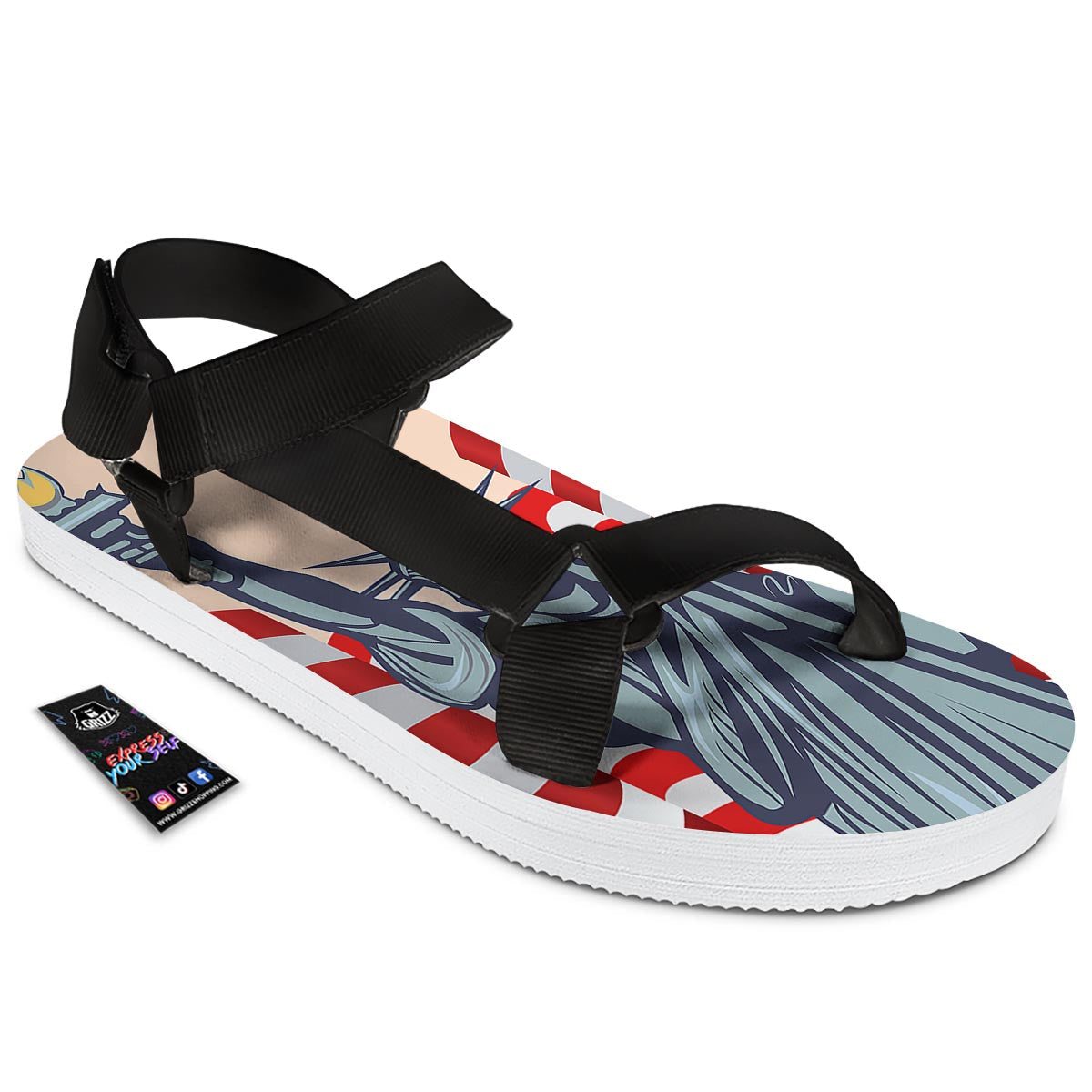 USA Flag Statue of Liberty Print Black Open Toe Sandals-grizzshop