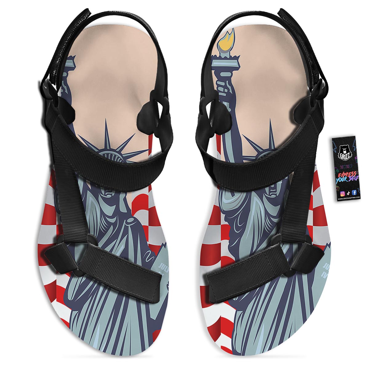 USA Flag Statue of Liberty Print Black Open Toe Sandals-grizzshop