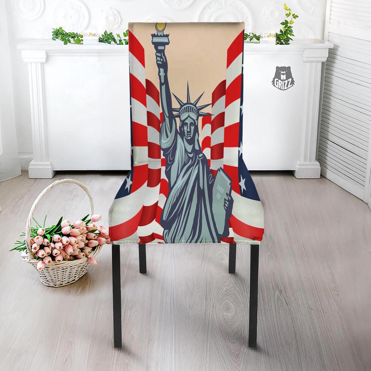 USA Flag Statue of Liberty Print Dining Chair Slipcover-grizzshop