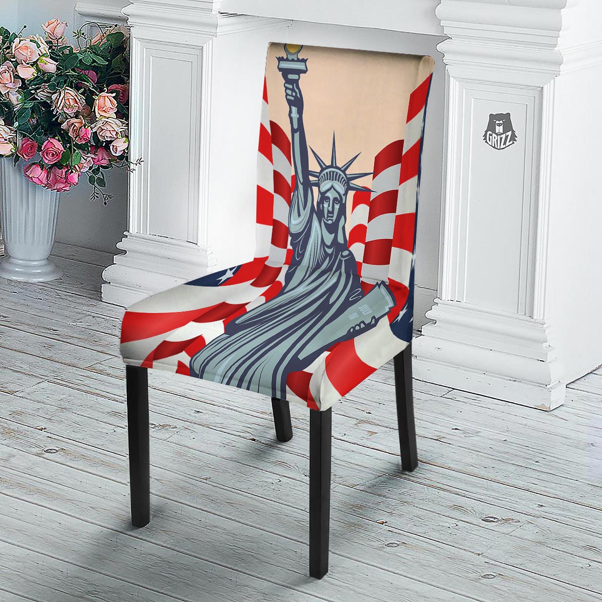 USA Flag Statue of Liberty Print Dining Chair Slipcover-grizzshop