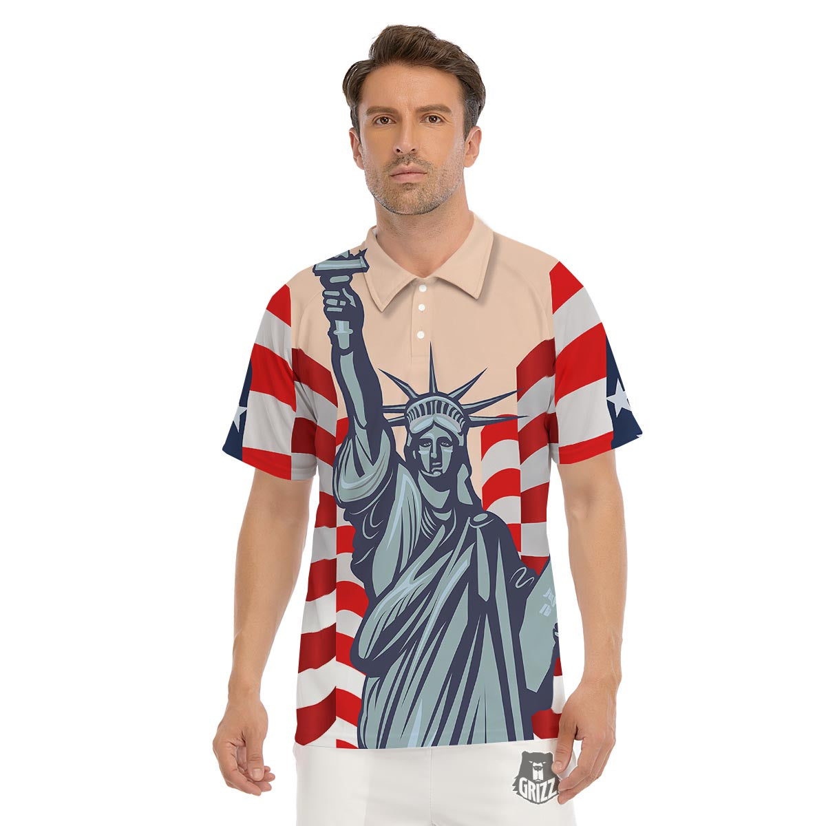 USA Flag Statue of Liberty Print Men's Golf Shirts-grizzshop