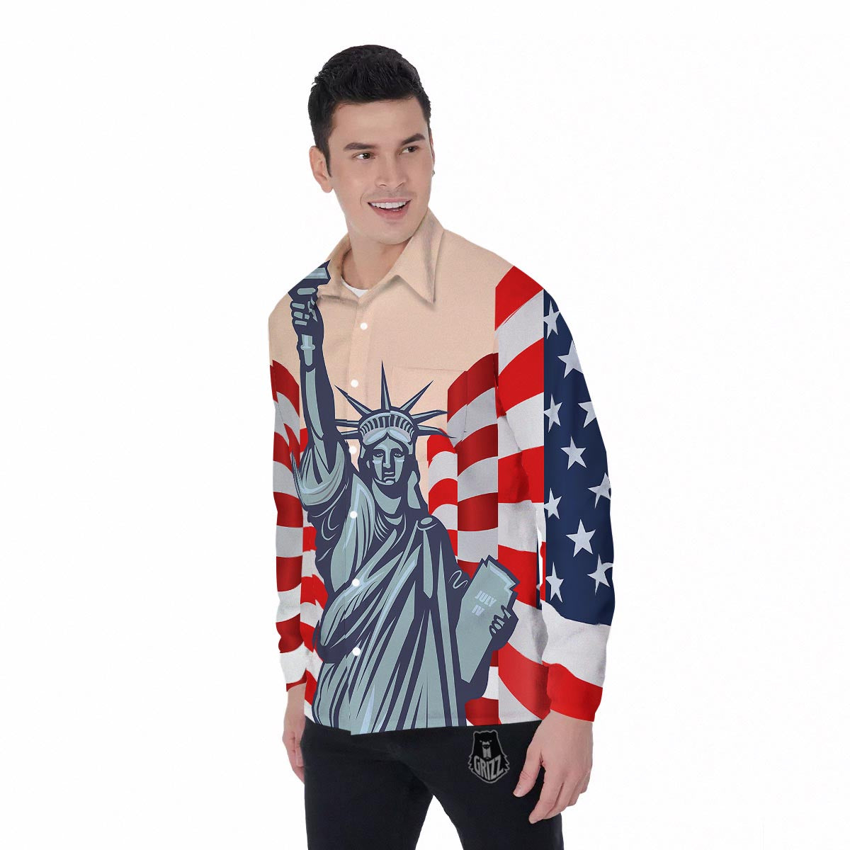 USA Flag Statue of Liberty Print Men's Long Sleeve Shirts-grizzshop