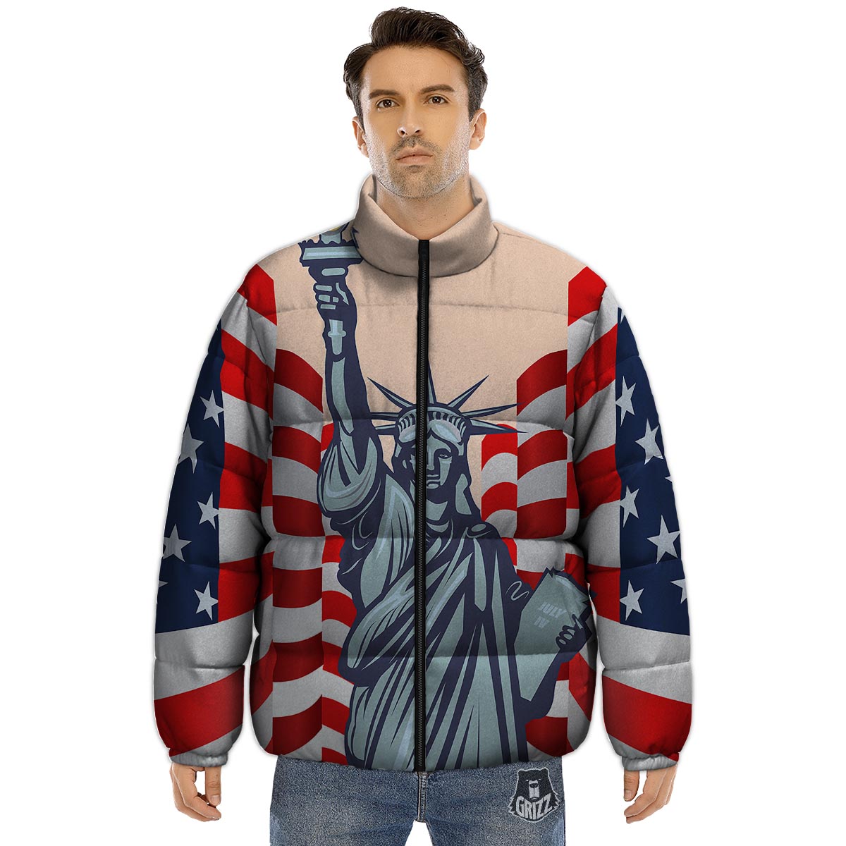USA Flag Statue of Liberty Print Puffer Jacket