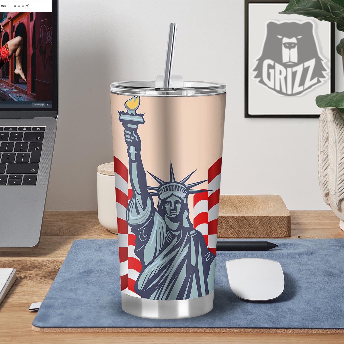 USA Flag Statue of Liberty Print Tumbler-grizzshop