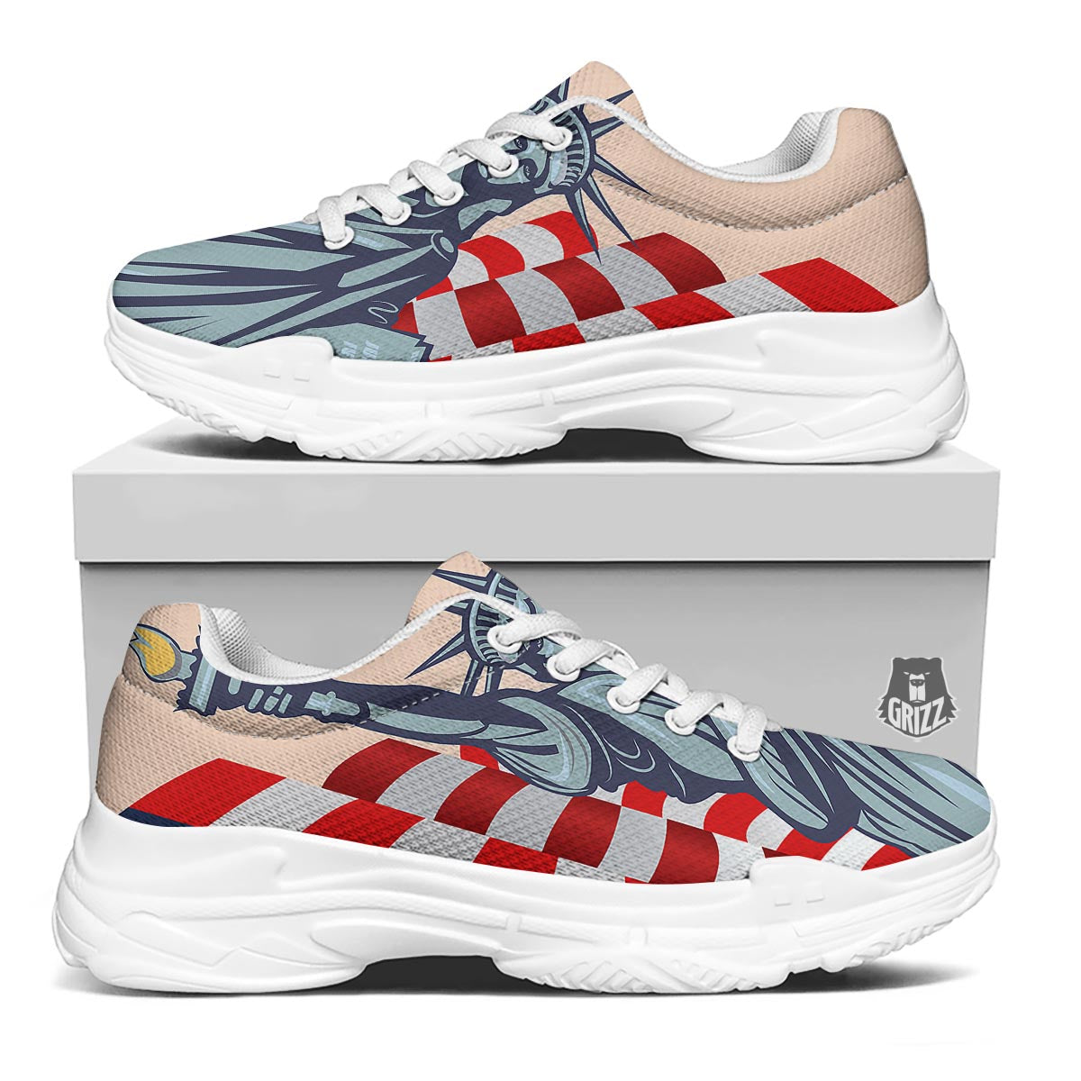 USA Flag Statue of Liberty Print White Chunky Shoes-grizzshop