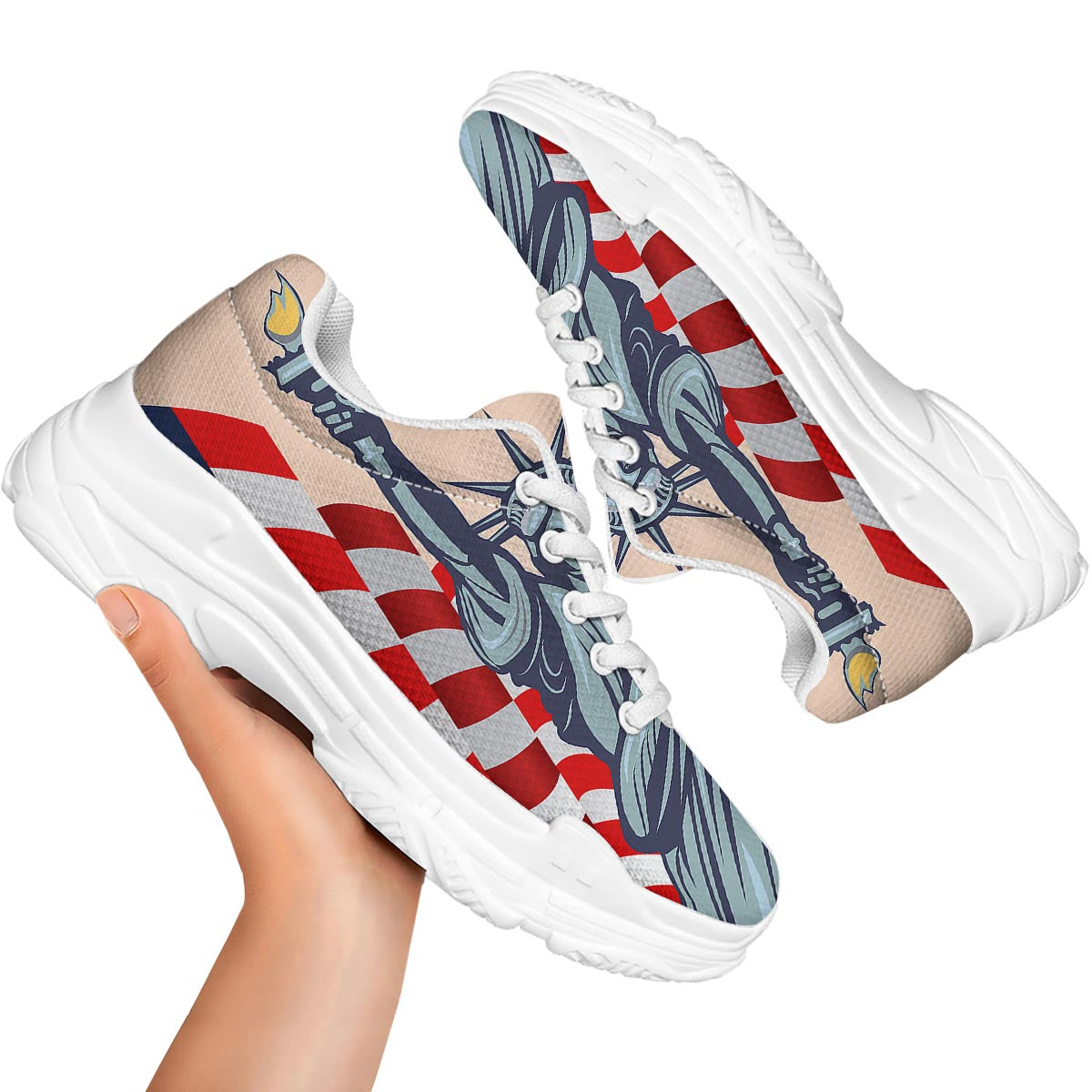 USA Flag Statue of Liberty Print White Chunky Shoes-grizzshop