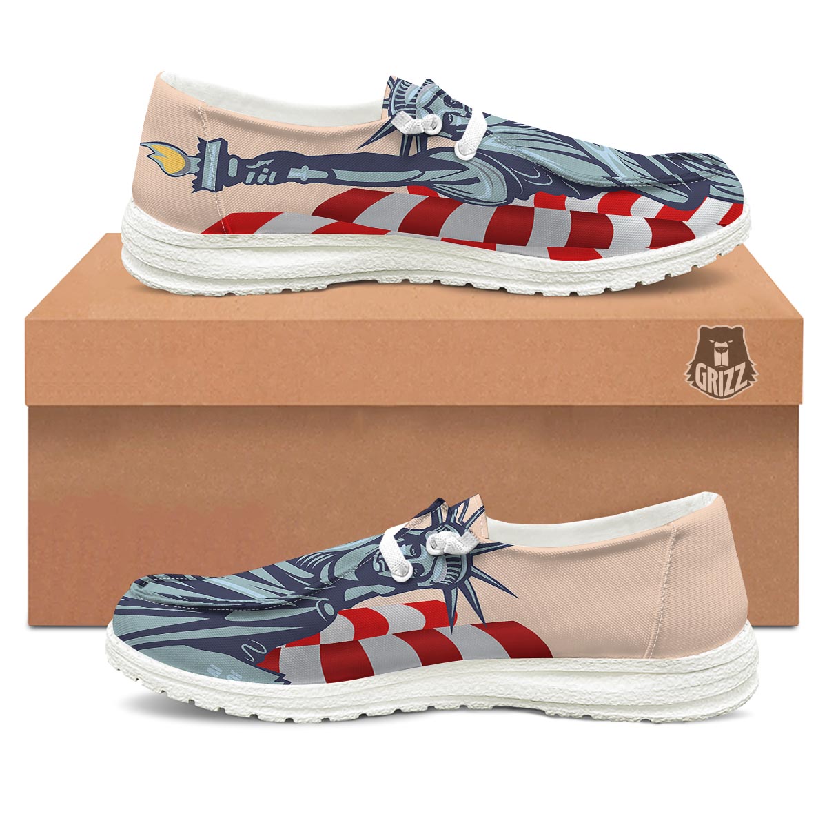 USA Flag Statue of Liberty Print White Loafers-grizzshop