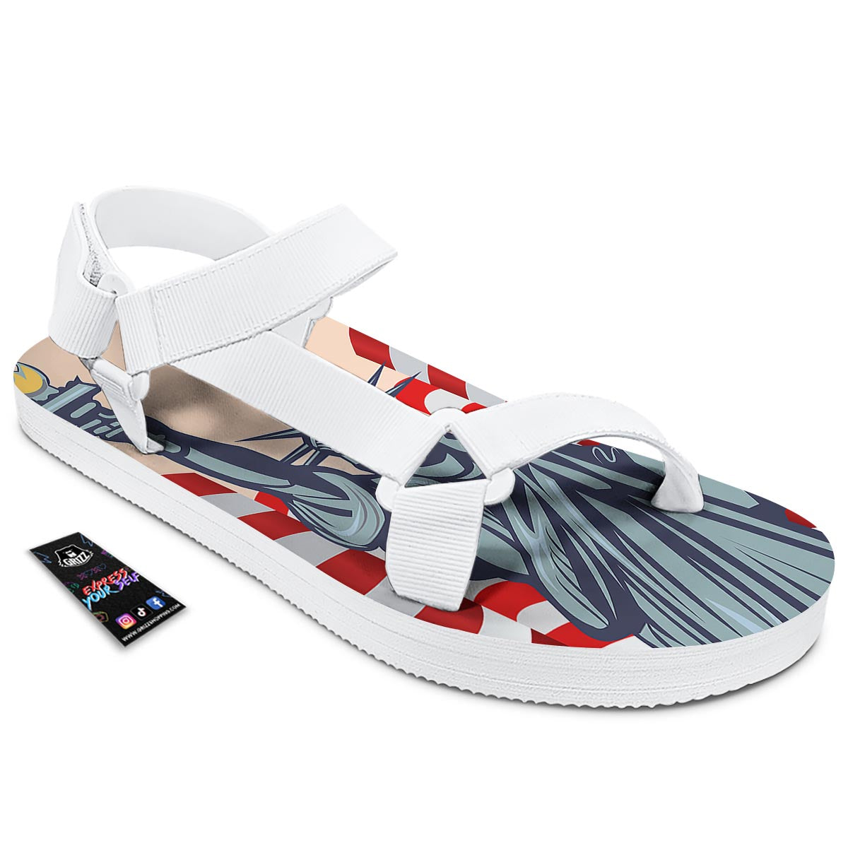 USA Flag Statue of Liberty Print White Open Toe Sandals-grizzshop