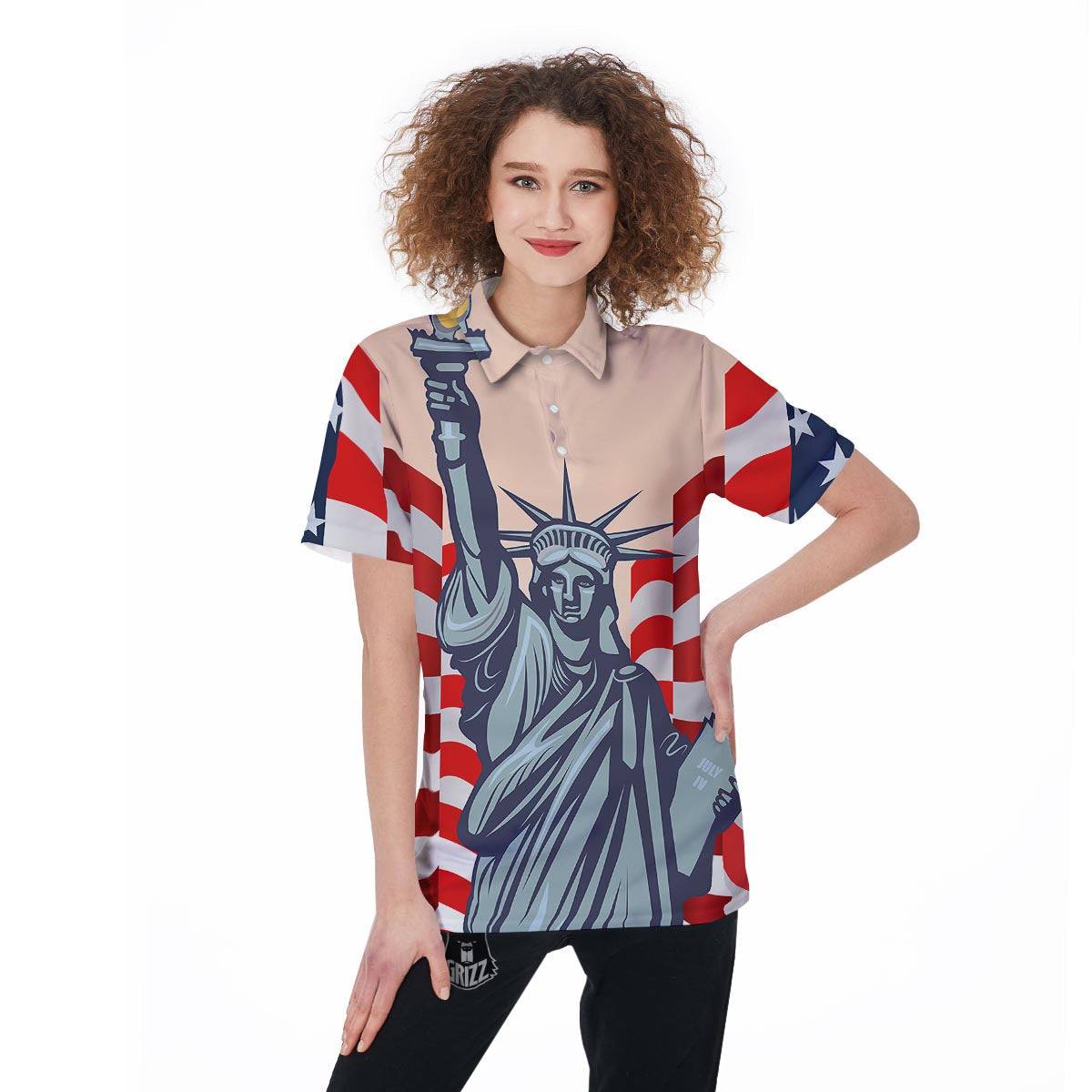 USA Flag Statue of Liberty Print Women's Golf Shirts-grizzshop