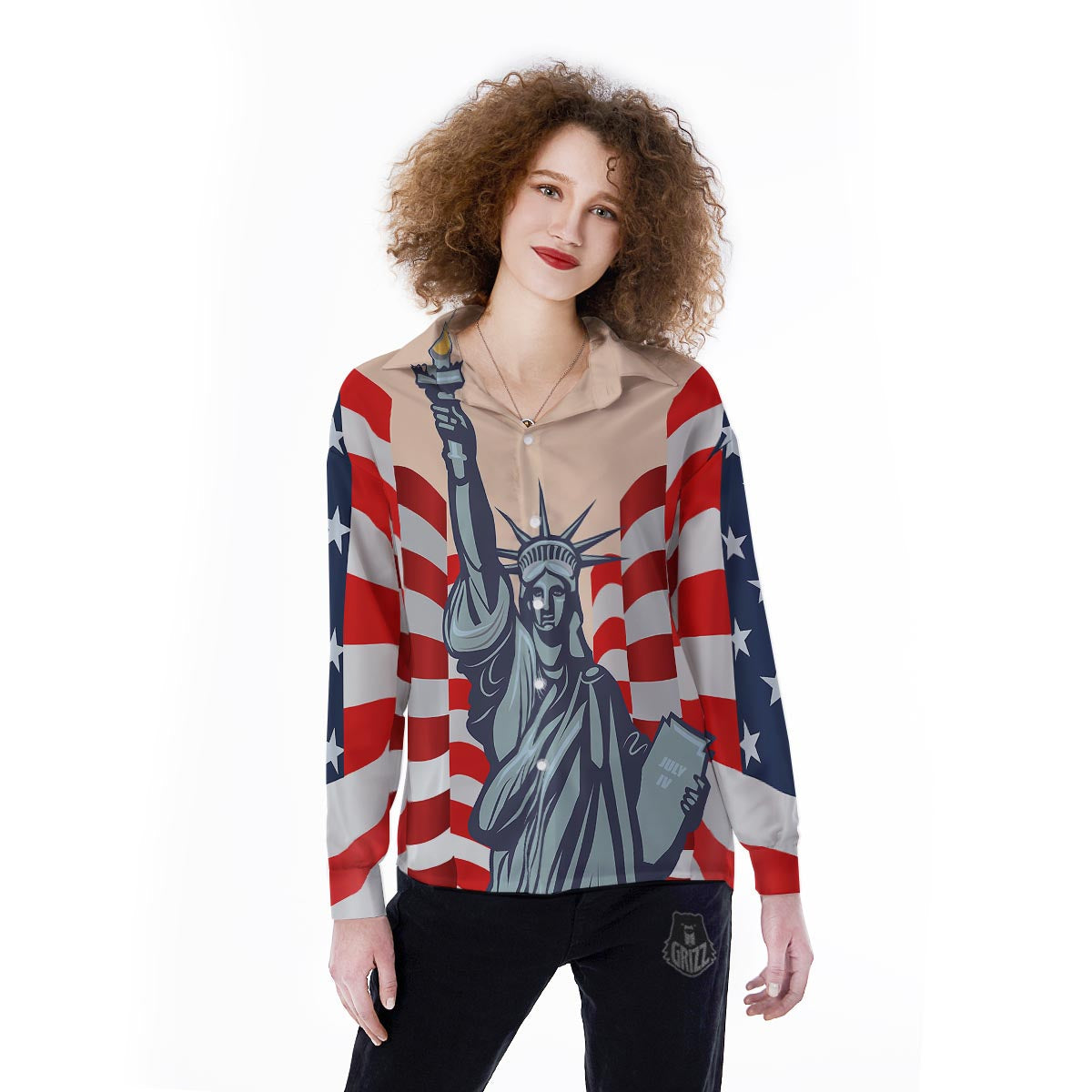 USA Flag Statue of Liberty Print Women's Long Sleeve Shirts-grizzshop