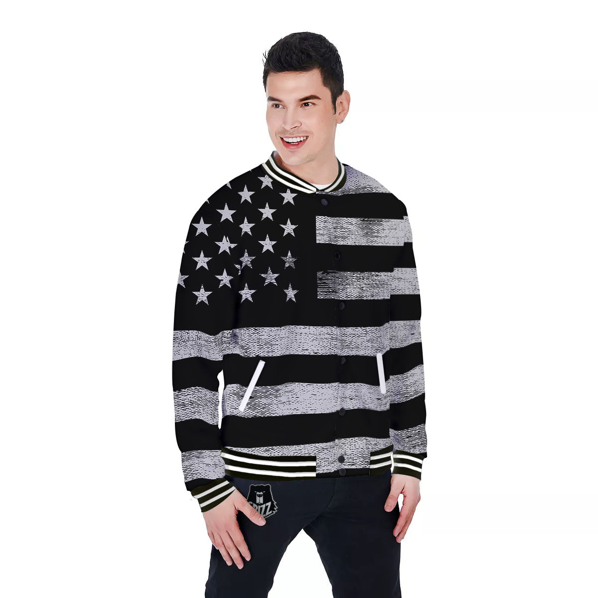 USA Flag White And Black Print Baseball Jacket-grizzshop