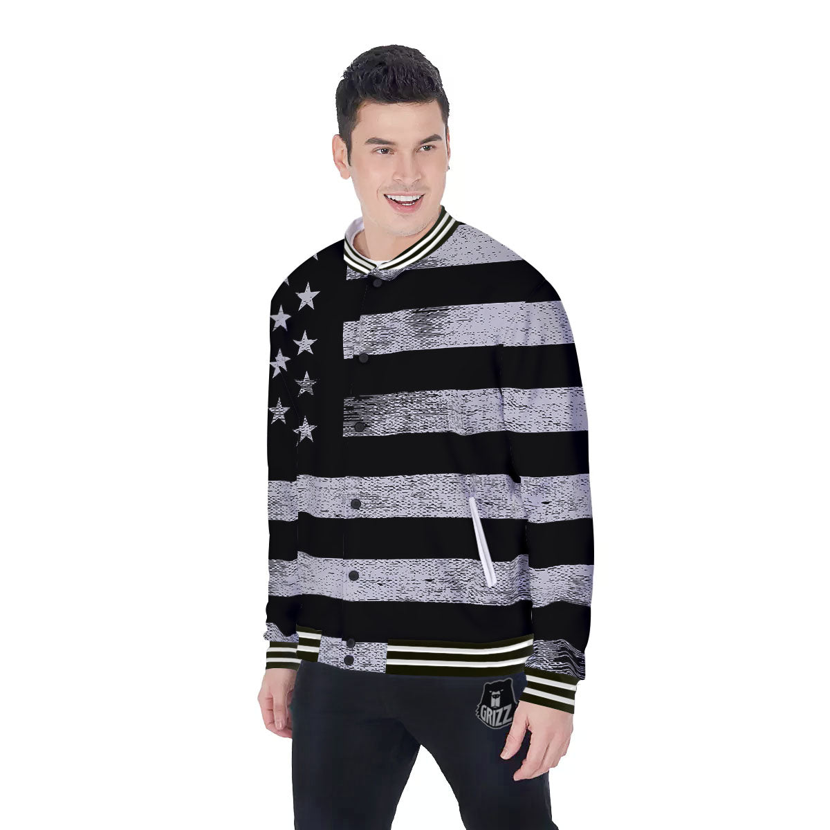 USA Flag White And Black Print Baseball Jacket-grizzshop