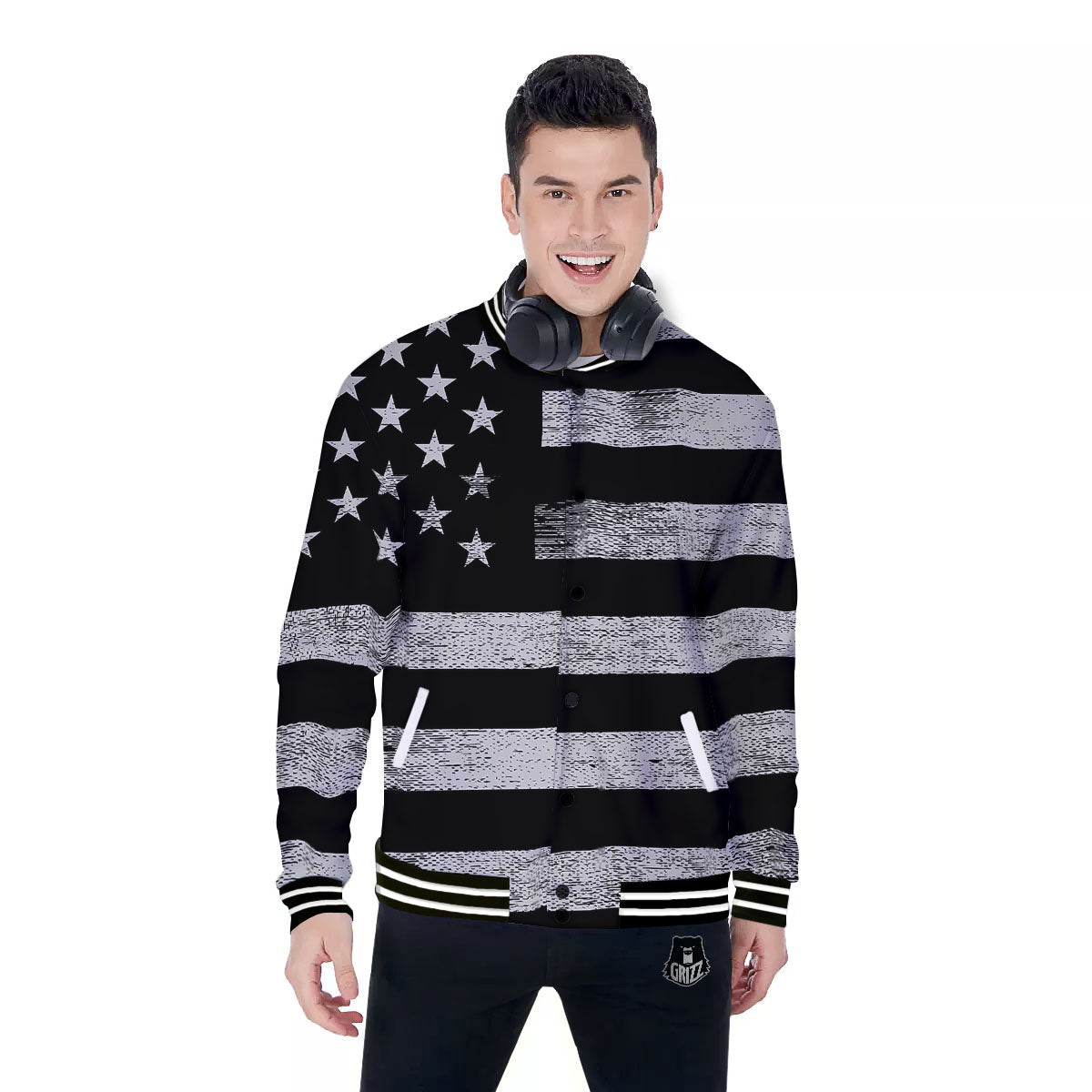 USA Flag White And Black Print Baseball Jacket-grizzshop