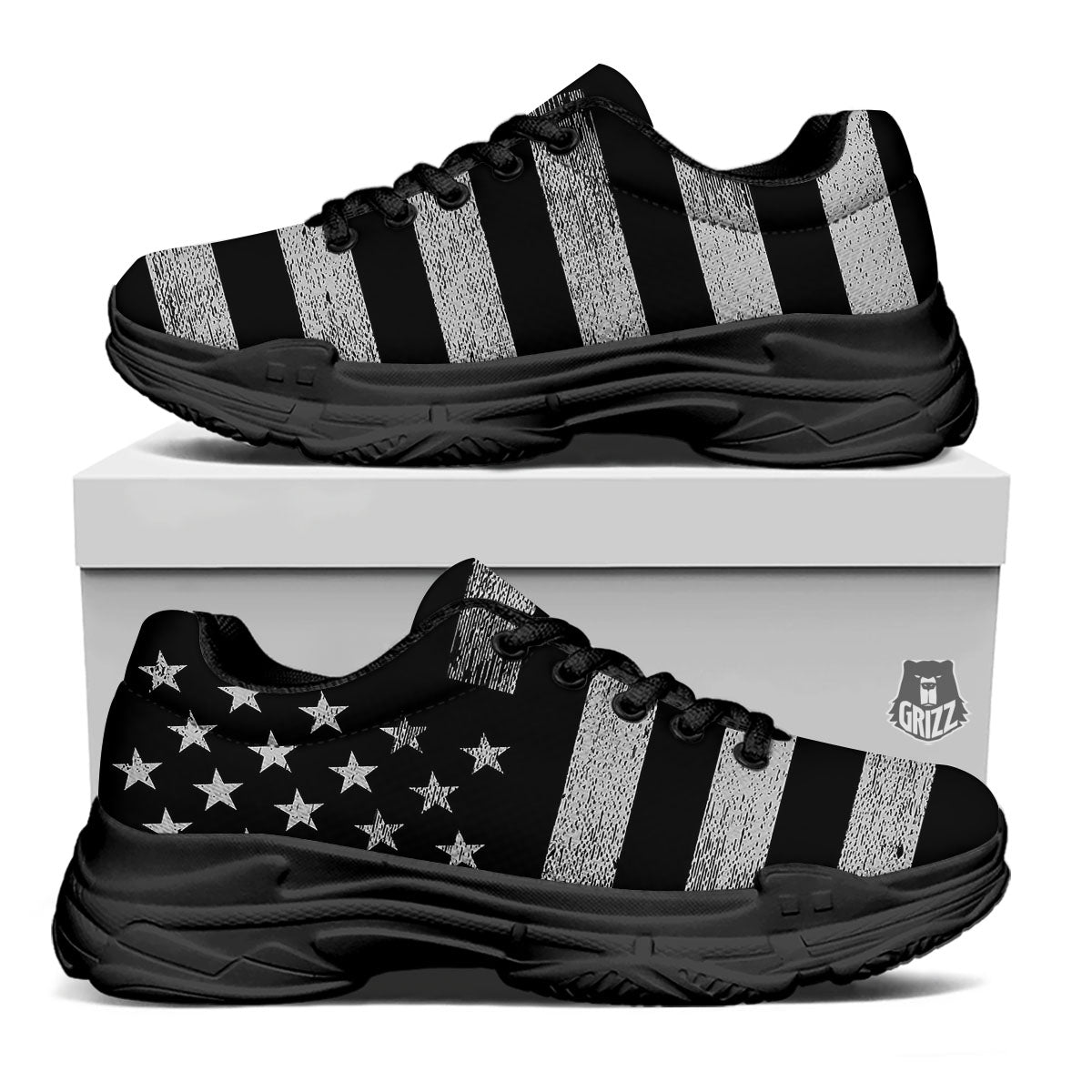 USA Flag White And Black Print Black Chunky Shoes-grizzshop