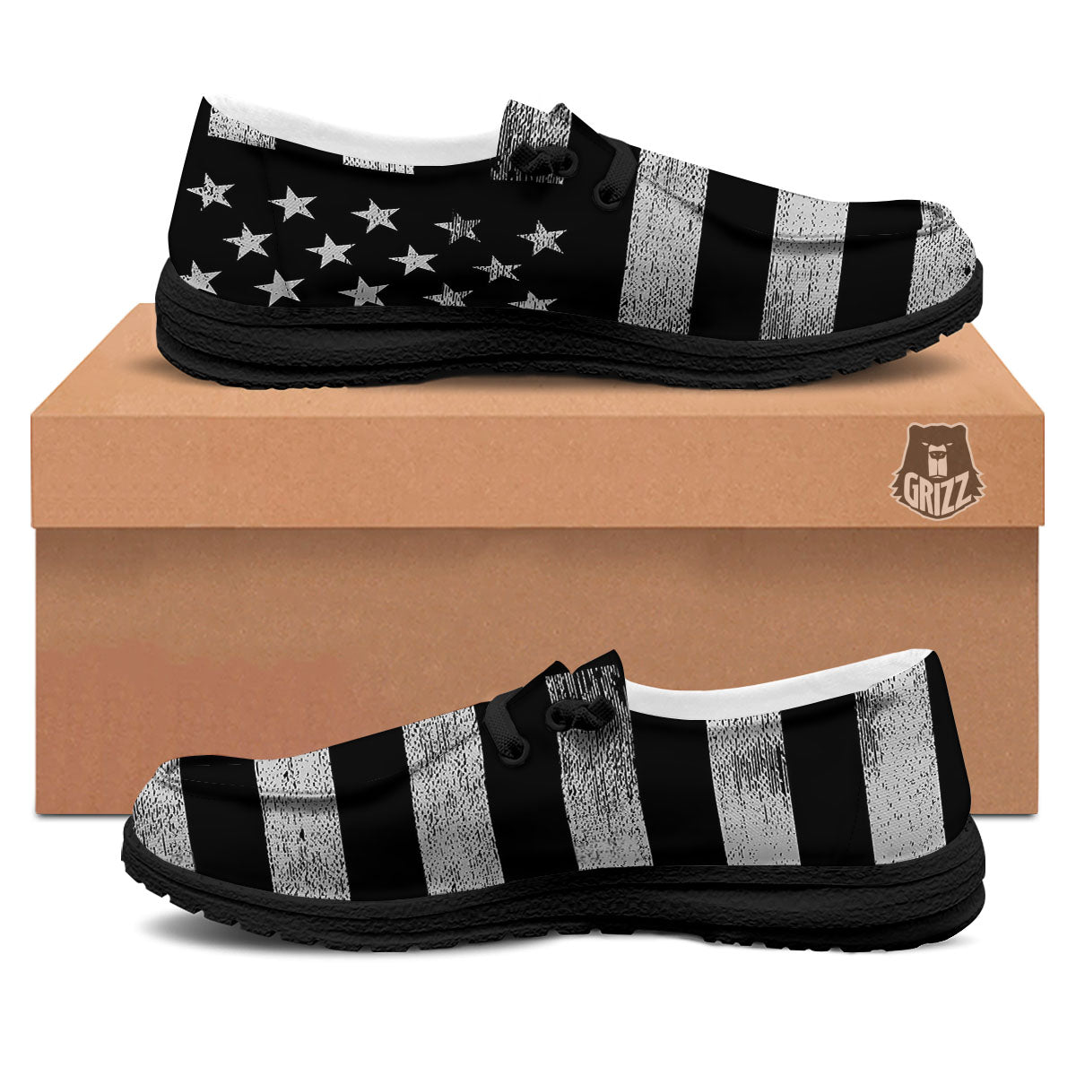 USA Flag White And Black Print Black Loafers-grizzshop