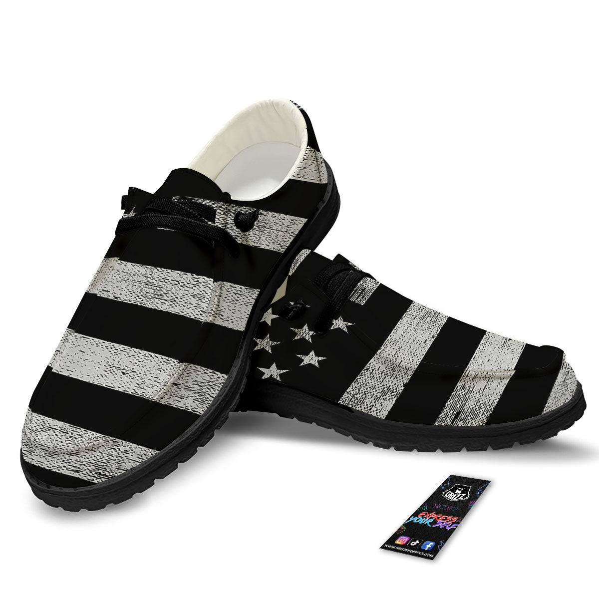 USA Flag White And Black Print Black Loafers-grizzshop