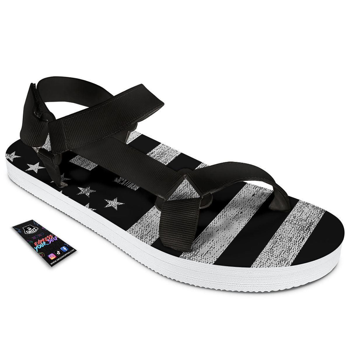 USA Flag White And Black Print Black Open Toe Sandals-grizzshop