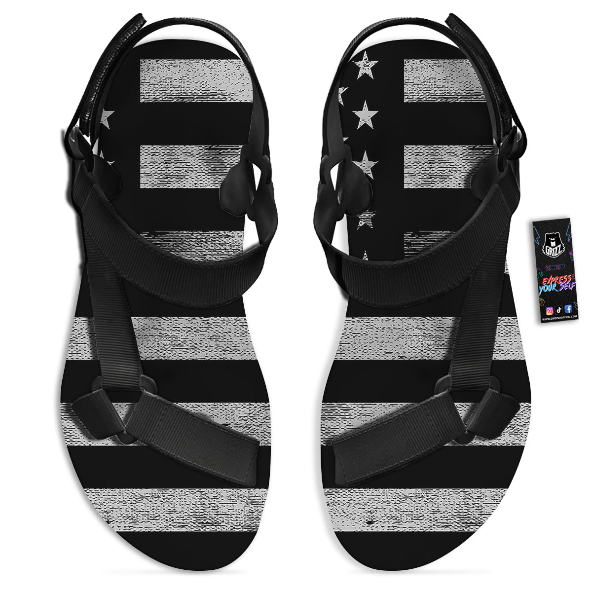 USA Flag White And Black Print Black Open Toe Sandals-grizzshop