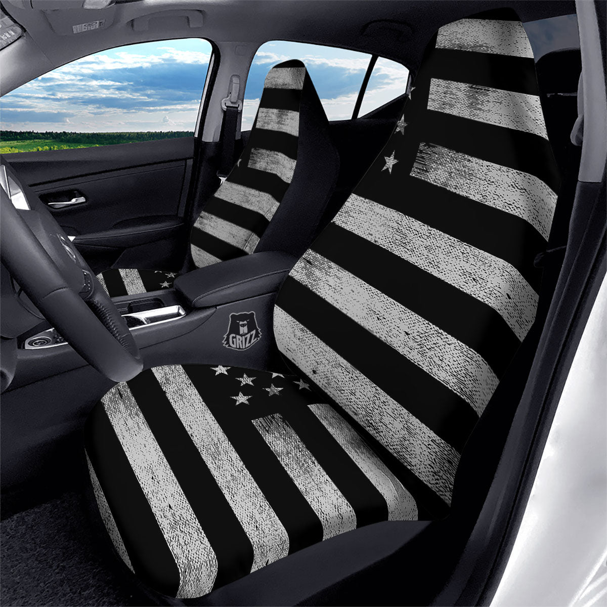 USA Flag White And Black Print Car Seat Covers-grizzshop