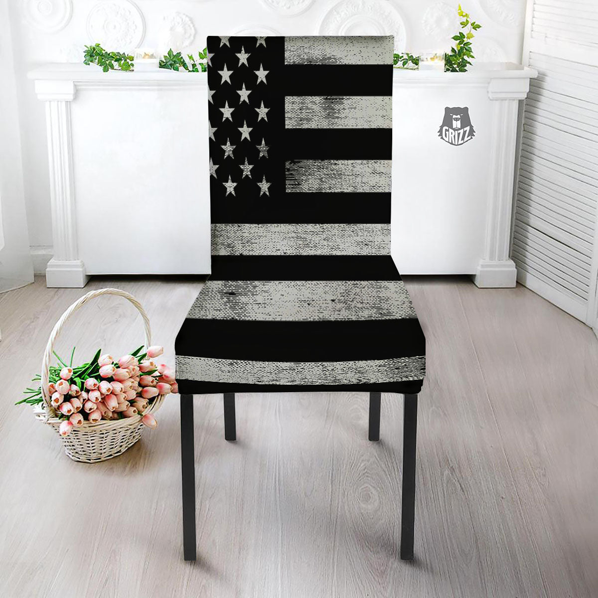 USA Flag White And Black Print Dining Chair Slipcover-grizzshop