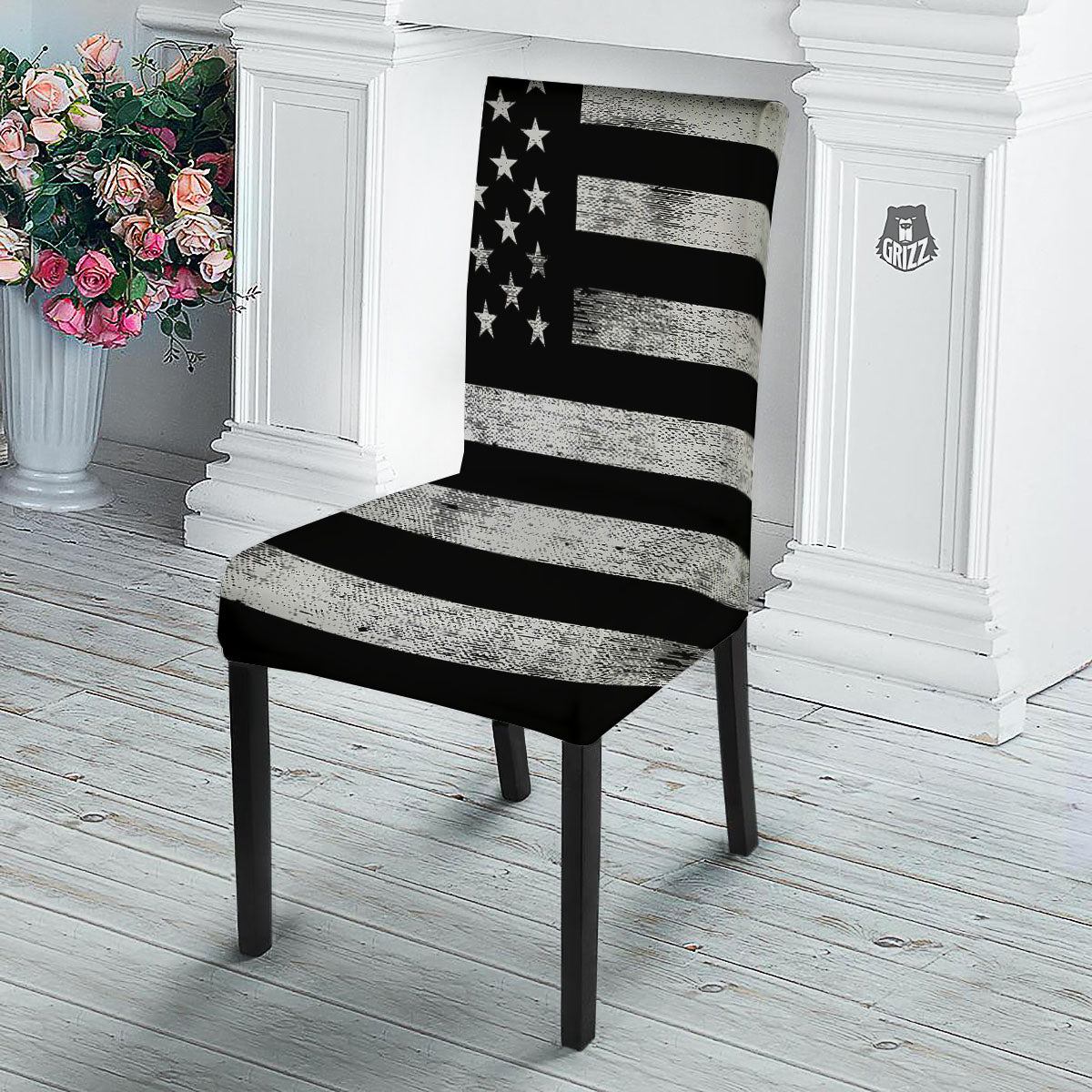 USA Flag White And Black Print Dining Chair Slipcover-grizzshop