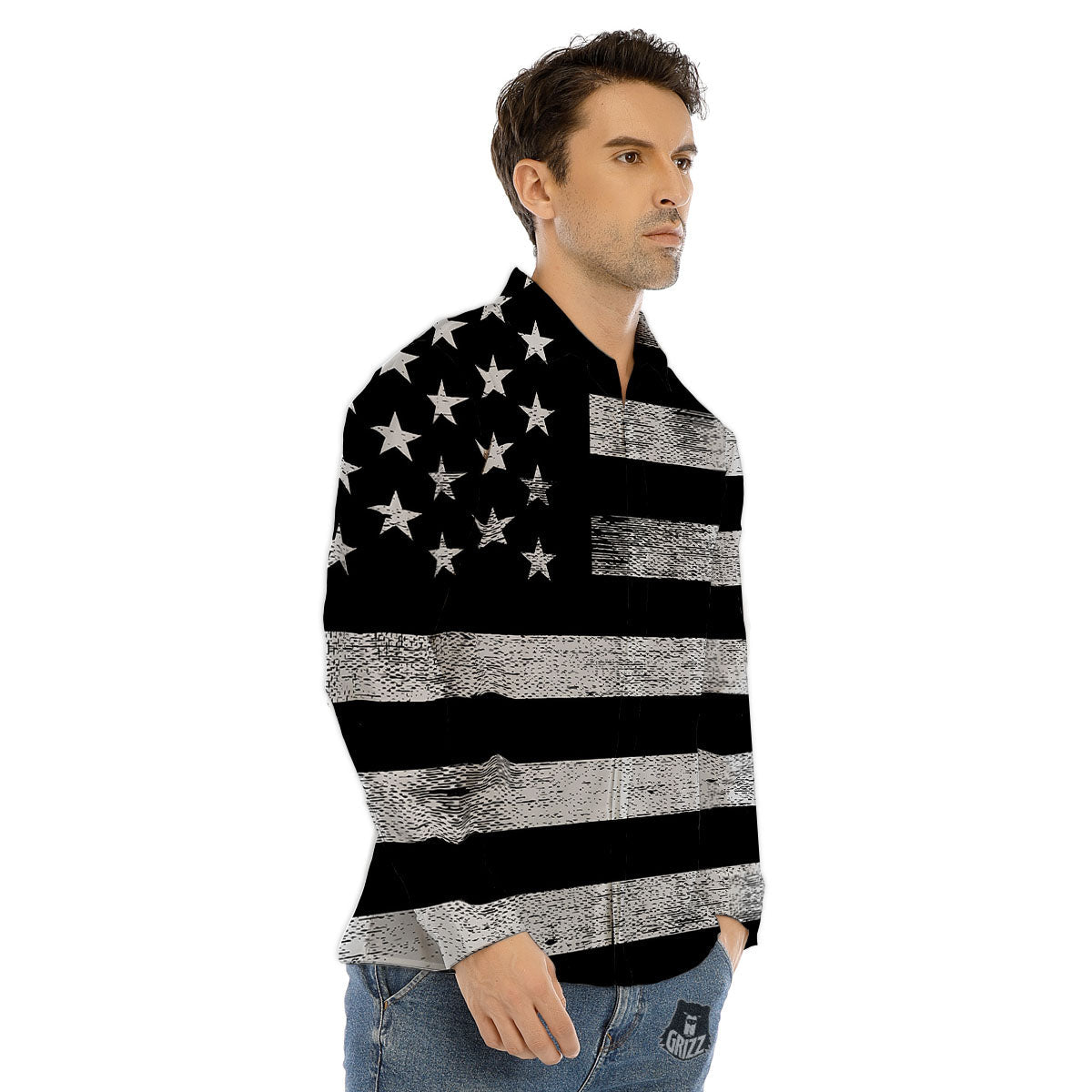 USA Flag White And Black Print Men's Dress Shirts-grizzshop