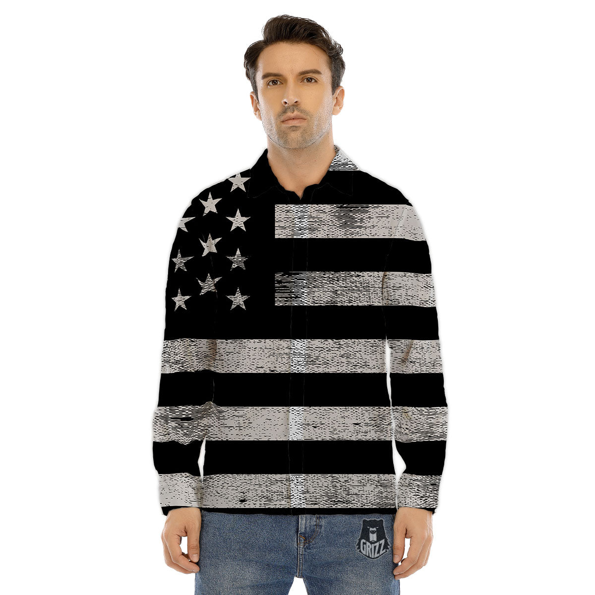 USA Flag White And Black Print Men's Dress Shirts-grizzshop