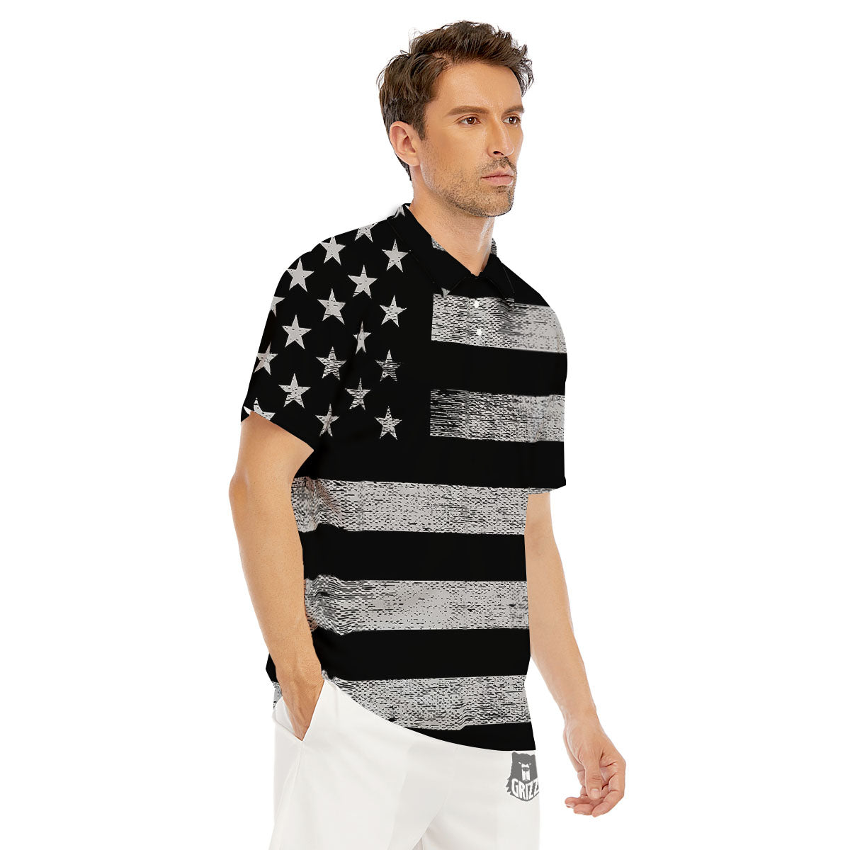 USA Flag White And Black Print Men's Golf Shirts-grizzshop