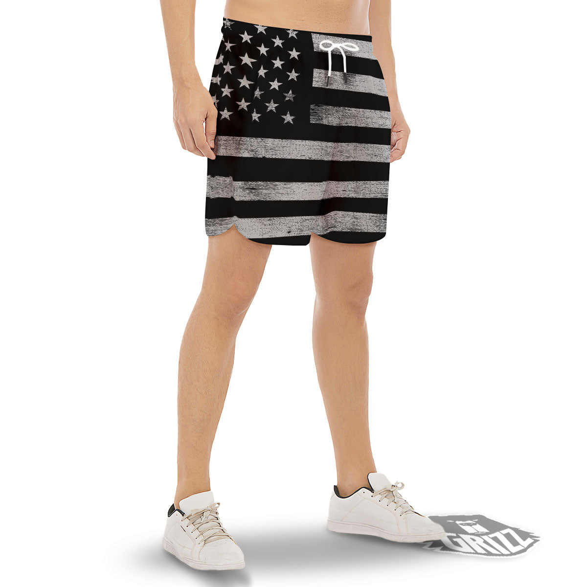 USA Flag White And Black Print Men's Gym Shorts-grizzshop