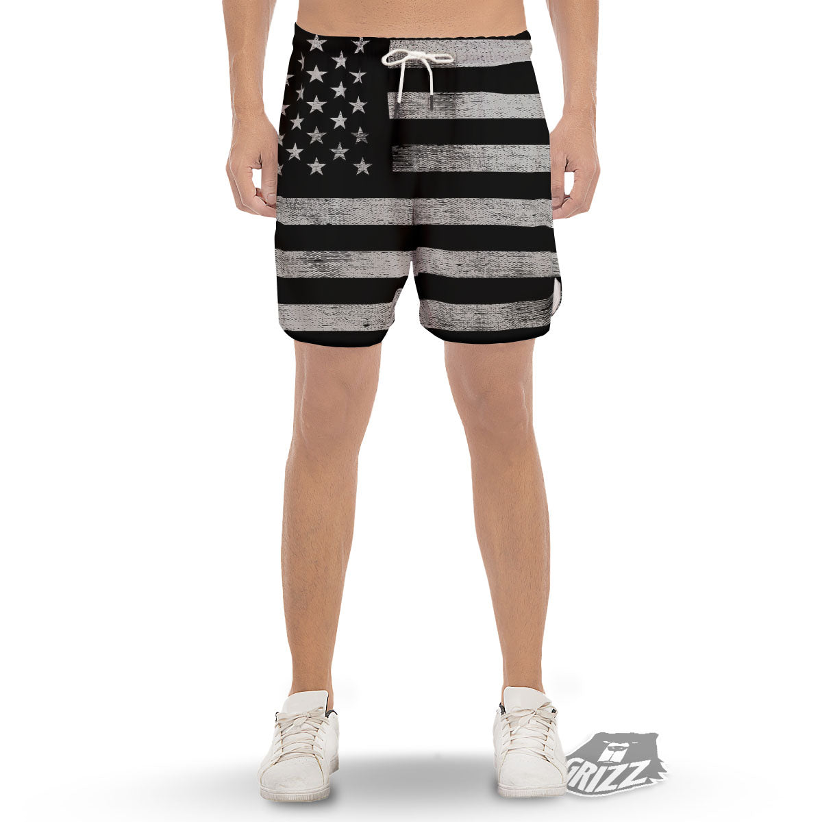 USA Flag White And Black Print Men's Gym Shorts-grizzshop