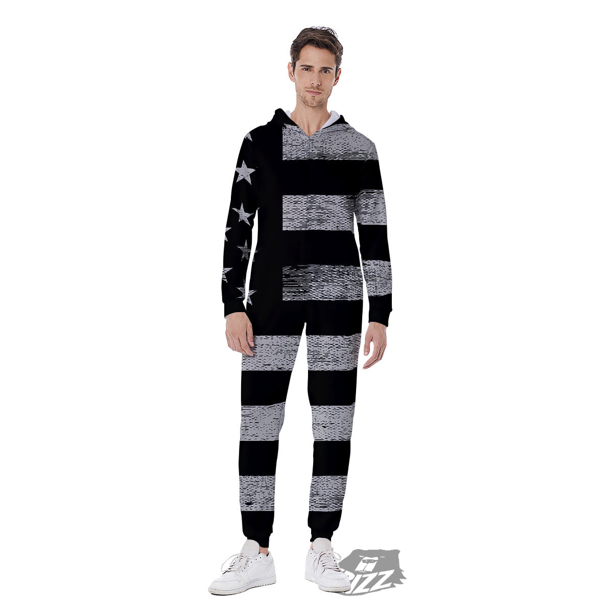 USA Flag White And Black Print Men's Jumpsuit-grizzshop