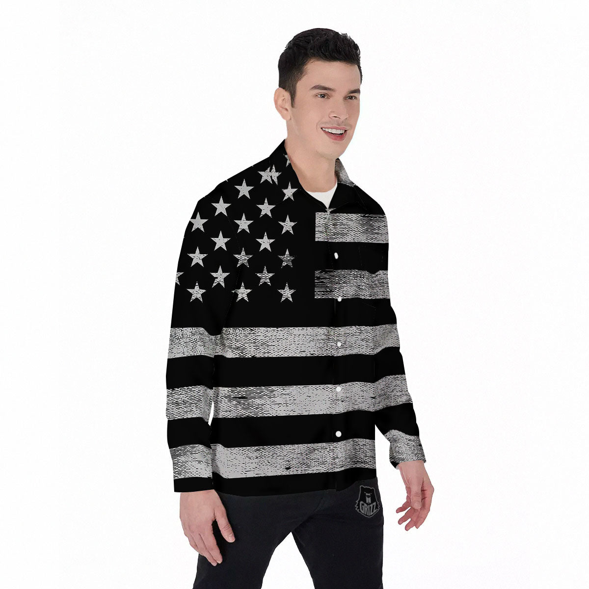 USA Flag White And Black Print Men's Long Sleeve Shirts-grizzshop